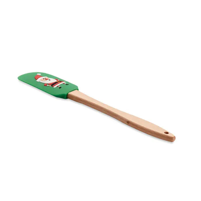 Spatula de silicon verde cu maner din lemn si design cu mos craciun pentru gatit festiv