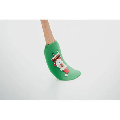 Spatula de silicon verde cu maner din lemn si design festiv cu mos craciun pentru gatit de sarbatori