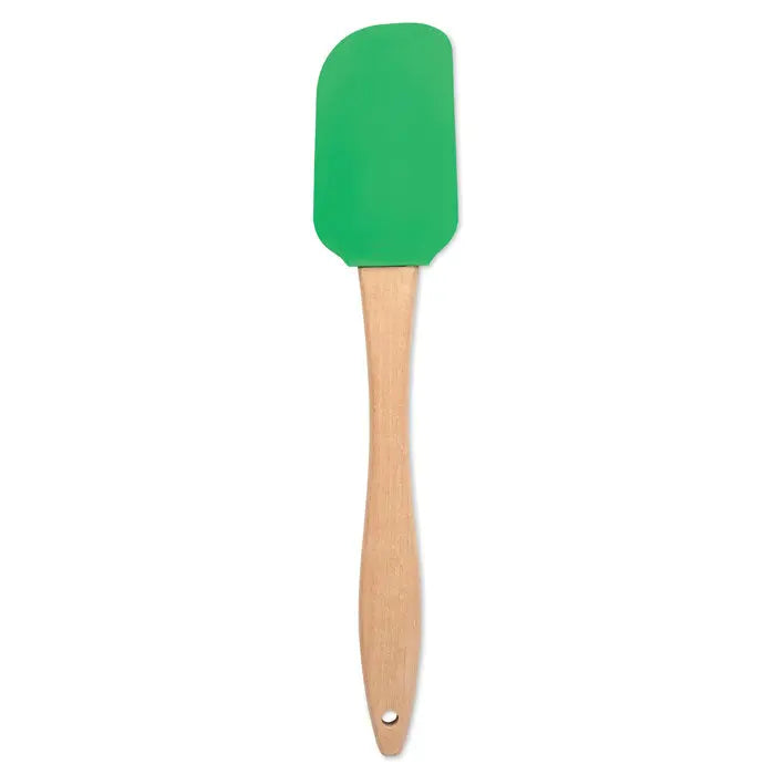 Spatula de silicon de craciun verde cu maner din lemn deschis la culoare