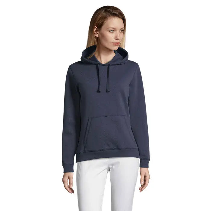 Hanorac bleumarin cu gluga spencer femeie cu buzunar frontal si snururi la gluga din material moale