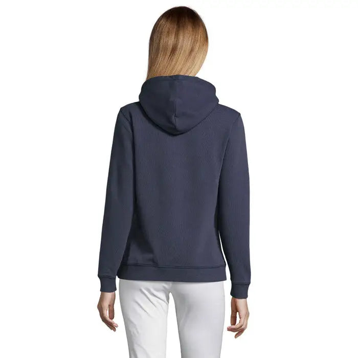 Pulover cu gluga femeie navy blue din tricot cu model reiat si gluga, ideal pentru tinute casual