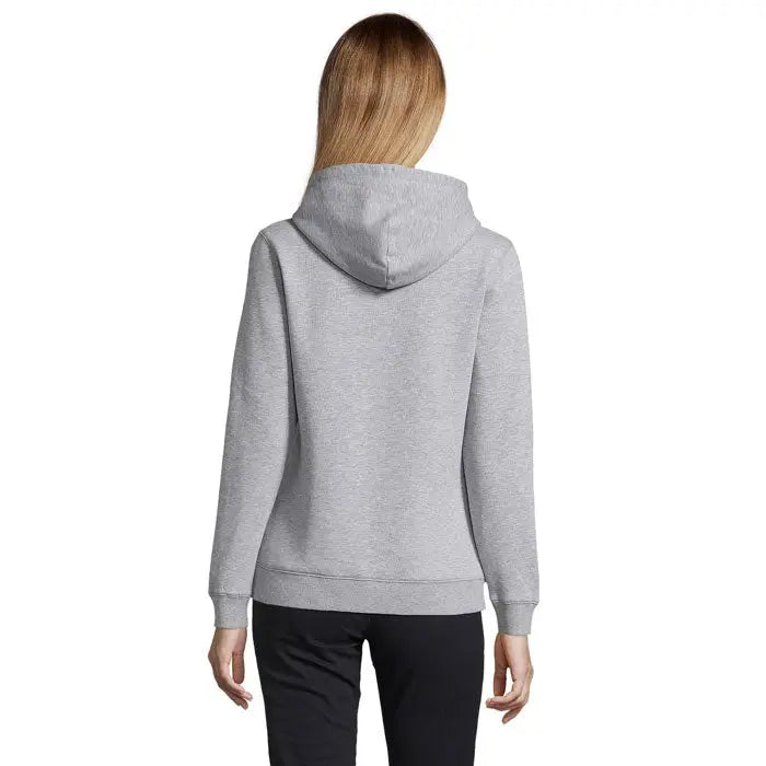 Hanorac heather gri Spencer femeie cu gluga din material moale texturat si maneci cu mansete ribbate