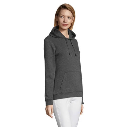 Hanorac cu gluga spencer femeie în gri închis melanj cu buzunar frontal și șnururi asortate