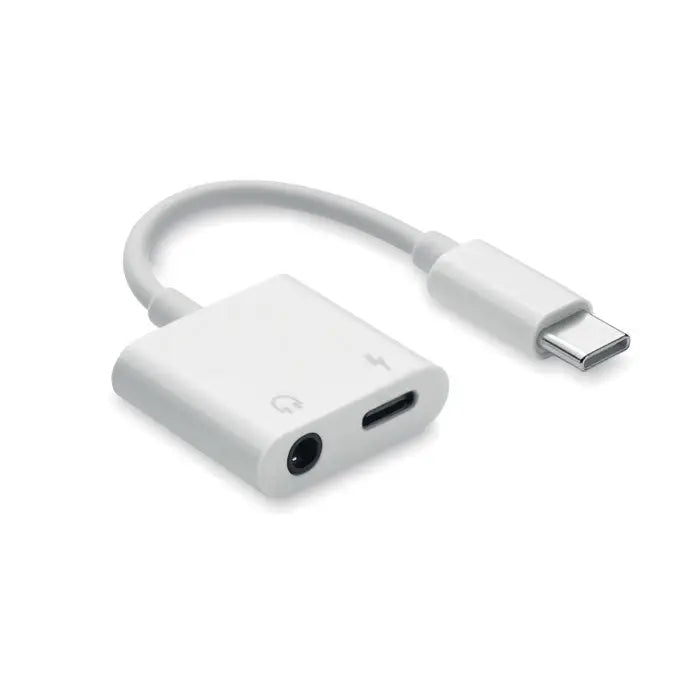 Adaptor audio splitter alb usb-c la 3.5mm cu cablu scurt si porturi duble pentru incarcare si casti din ABS