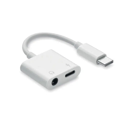 Adaptor audio splitter alb usb-c la 3.5mm cu cablu scurt si porturi duble pentru incarcare si casti din ABS