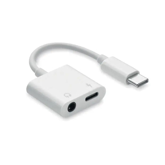 Adaptor audio splitter alb usb-c la 3.5mm cu cablu scurt si porturi duble pentru incarcare si casti din ABS