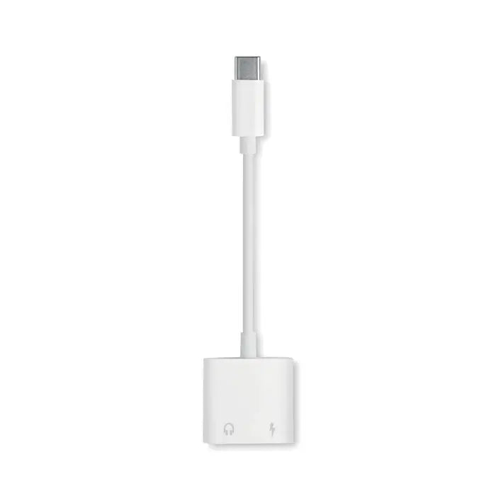 Adaptor audio splitter alb apple usb-c la 3.5mm cu simboluri de incarcare si casti pe carcasa din abs