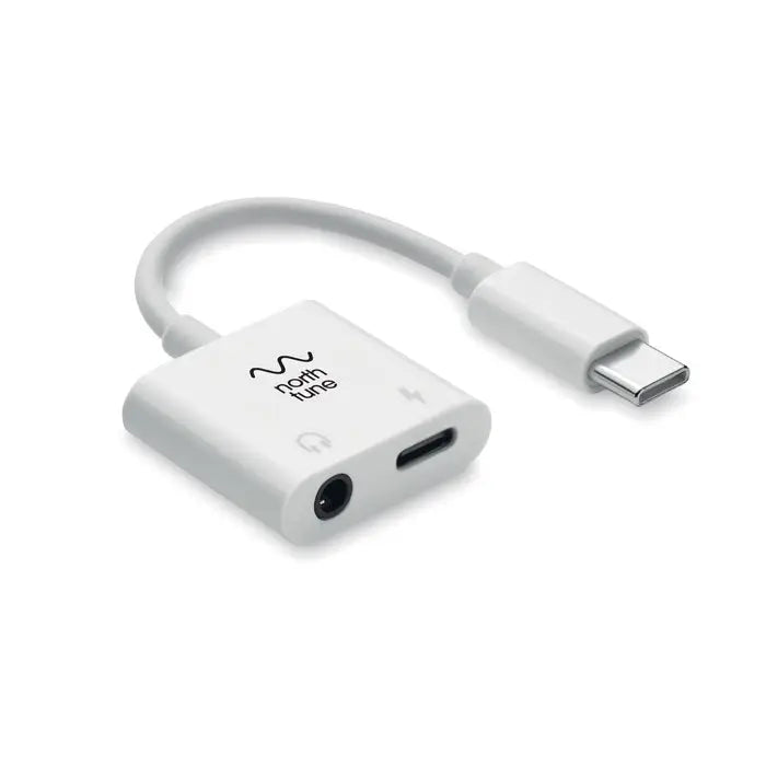 Adaptor audio splitter alb usb-c la jack 3.5mm cu cablu scurt si doua porturi pentru incarcare si casti