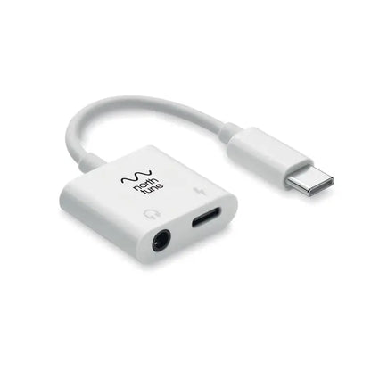 Adaptor audio splitter alb usb-c la jack 3.5mm cu cablu scurt si doua porturi pentru incarcare si casti