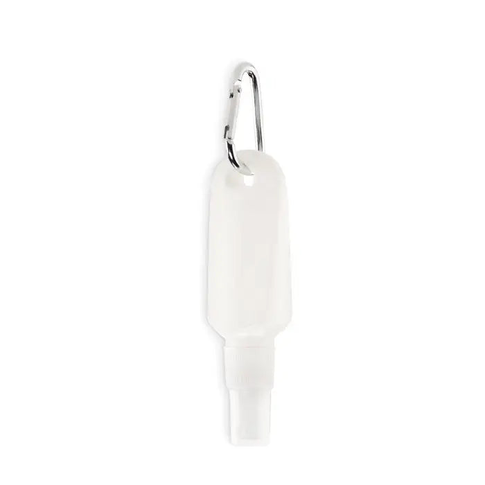 Spray de lotiune de protectie solara 30 ml in recipient alb translucide din plastic cu carabiniera argintie