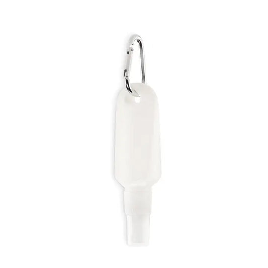 Spray de lotiune de protectie solara 30 ml in recipient alb translucide din plastic cu carabiniera argintie