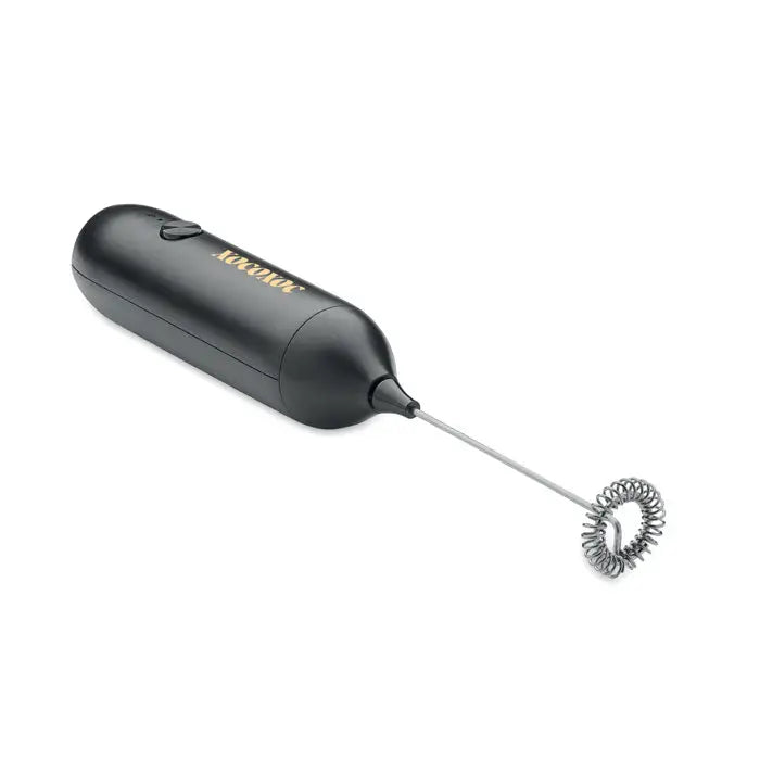 Spumator electric pentru lapte negru cu paleta spirala metalica si litere aurii pe maner