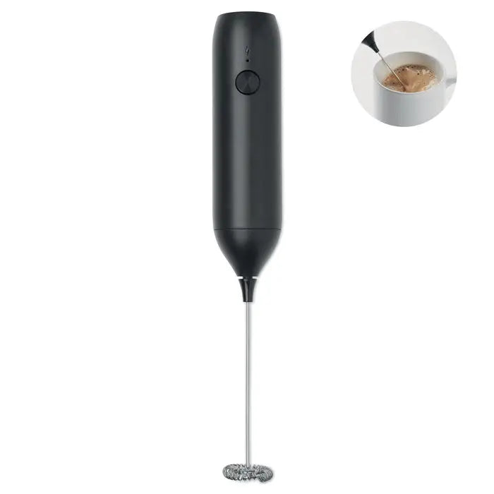 Spumator electric pentru lapte negru cu corp cilindric elegant si palnie metalica argintie pentru spumare