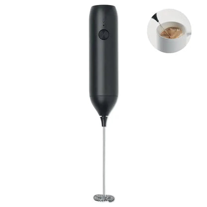Spumator electric pentru lapte negru cu corp cilindric elegant si palnie metalica argintie pentru spumare