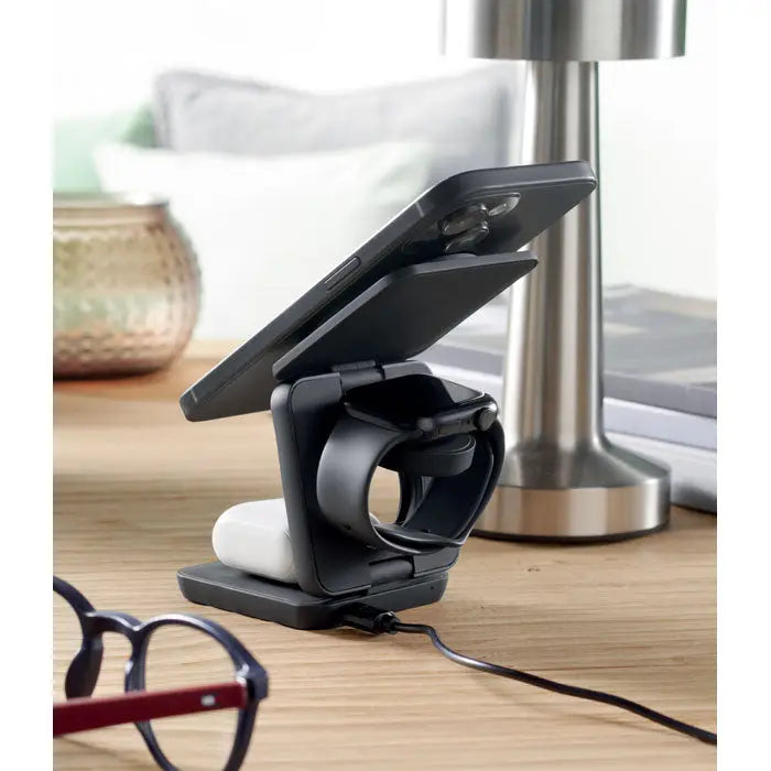 Statie de incarcare pliabila 3 in 1 neagra pentru smartphone si apple watch cu incarcare wireless multipla
