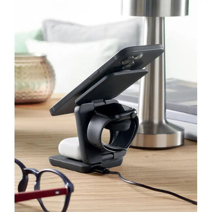 Statie de incarcare pliabila 3 in 1 neagra pentru smartphone si apple watch cu incarcare wireless multipla