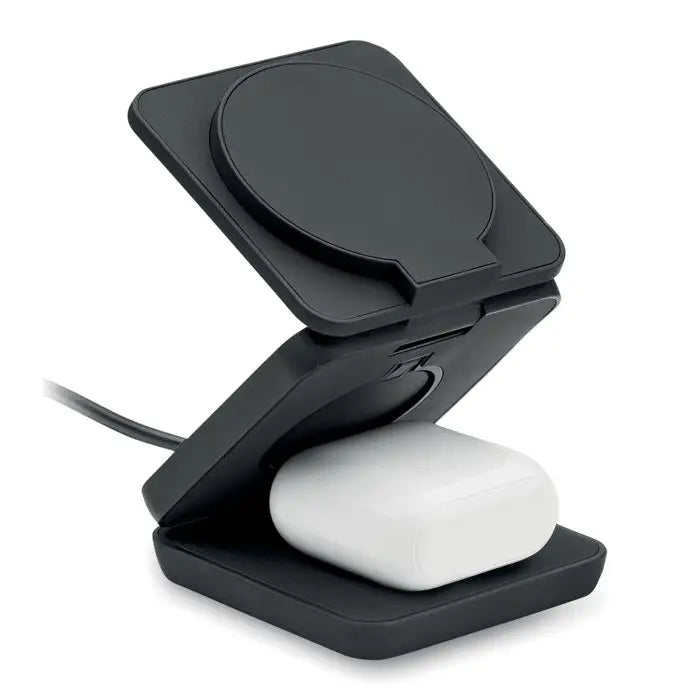 Statie de incarcare pliabila 3 in 1 neagra cu suport wireless si carcasa alba AirPods pe platforma inferioara