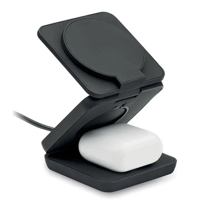 Statie de incarcare pliabila 3 in 1 neagra cu suport wireless si carcasa alba AirPods pe platforma inferioara