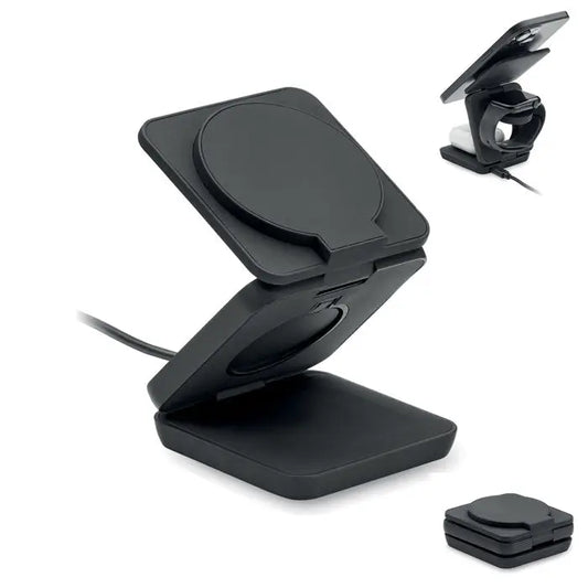 Statie de incarcare pliabila 3 in 1 neagra cu suporturi integrate pentru telefon si ceas wireless
