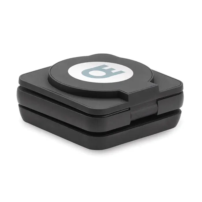 Black compact foldable 3 in 1 phone stand with circular white logo and stylized blue b for charging and support