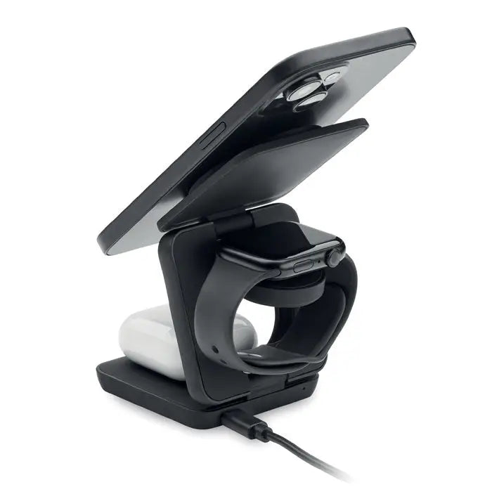 Statie de incarcare pliabila 3 in 1 neagra cu suport wireless pentru smartphone, ceas inteligent si casti earbuds