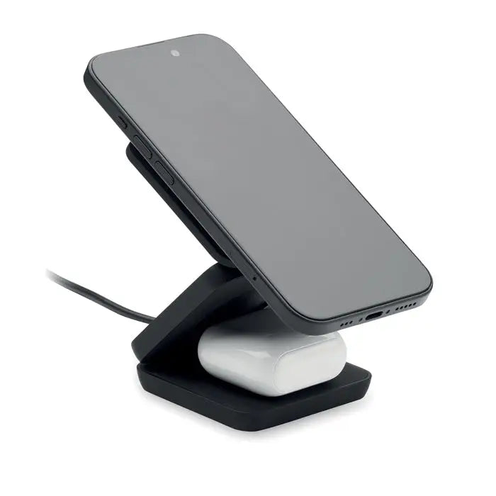 Statie de incarcare pliabila 3 in 1 neagra cu suport unghiular pentru telefon si slot integrat pentru carcasa airpods alba