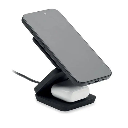 Statie de incarcare pliabila 3 in 1 neagra cu suport unghiular pentru telefon si slot integrat pentru carcasa airpods alba