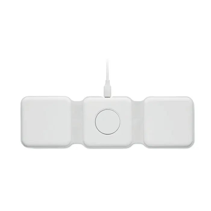 Statie de incarcare pliabila alba cu trei sloturi wireless si buton circular central cu cablu conectat
