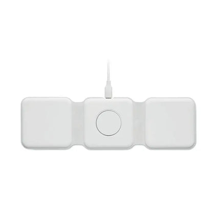 Statie de incarcare pliabila alba cu trei sloturi wireless si buton circular central cu cablu conectat