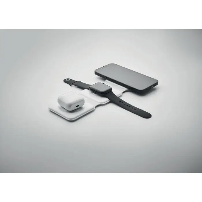Statie de incarcare pliabila alba cu trei sloturi wireless pentru telefon, ceas si casti earbuds