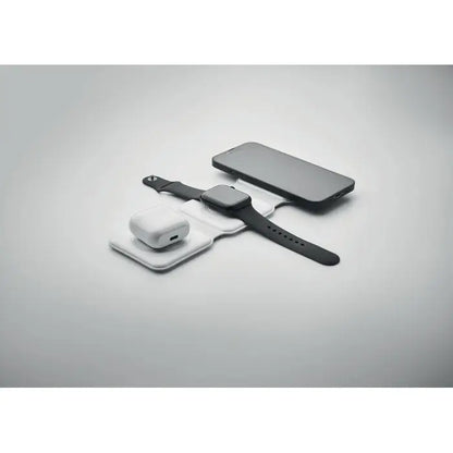 Statie de incarcare pliabila alba cu trei sloturi wireless pentru telefon, ceas si casti earbuds