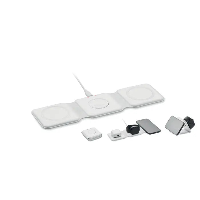 Statie de incarcare pliabila alba cu trei paduri dreptunghiulare si cablu central pentru incarcare wireless