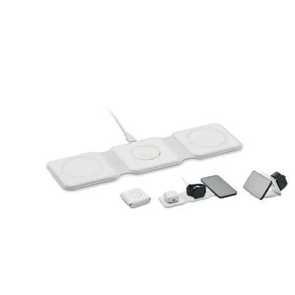 Statie de incarcare pliabila alba cu trei paduri dreptunghiulare si cablu central pentru incarcare wireless