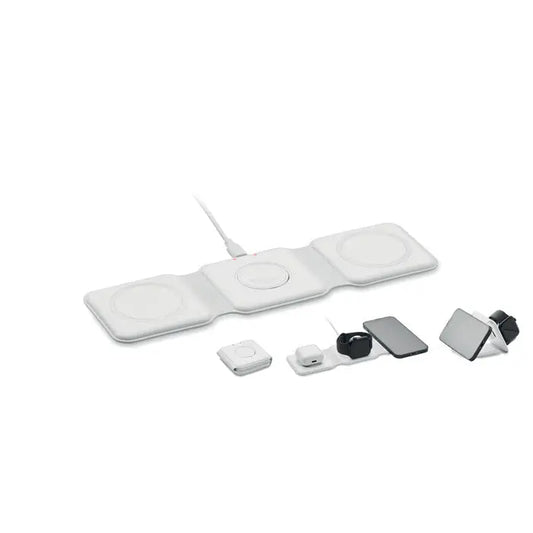 Statie de incarcare pliabila alba cu trei paduri dreptunghiulare si cablu central pentru incarcare wireless