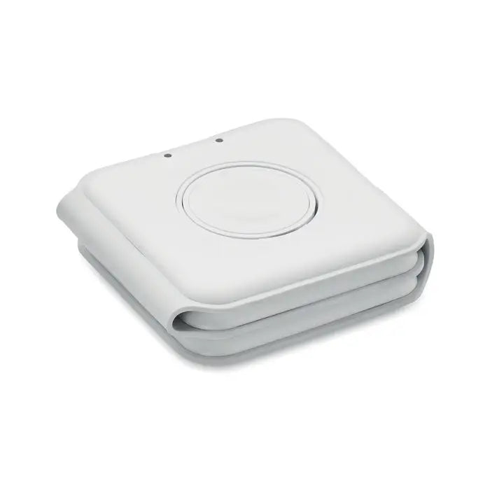 Statie de incarcare pliabila alba cu pad de incarcare wireless foldabil si doua lumini indicatoare mici