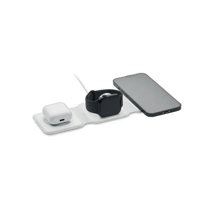 Statie de incarcare pliabila alba cu trei compartimente pentru incarcare wireless airpods ceas apple si smartphone