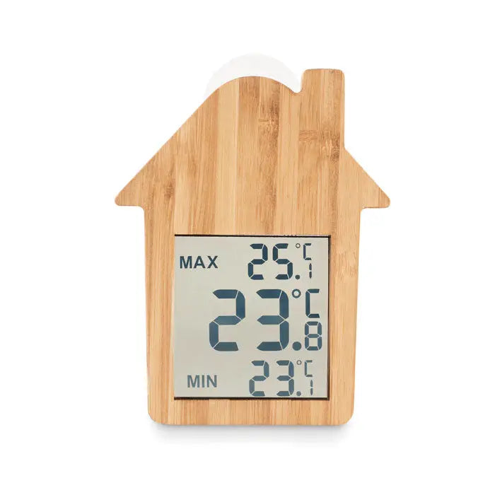 Statie meteo bamboo termometru digital in forma de casa din bambus cu afisaj lcd clar si citiri temperaturi