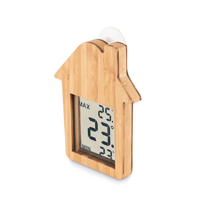 Statie meteo bamboo termometru digital in forma de casa din bambus cu ventuza transparenta de fixare