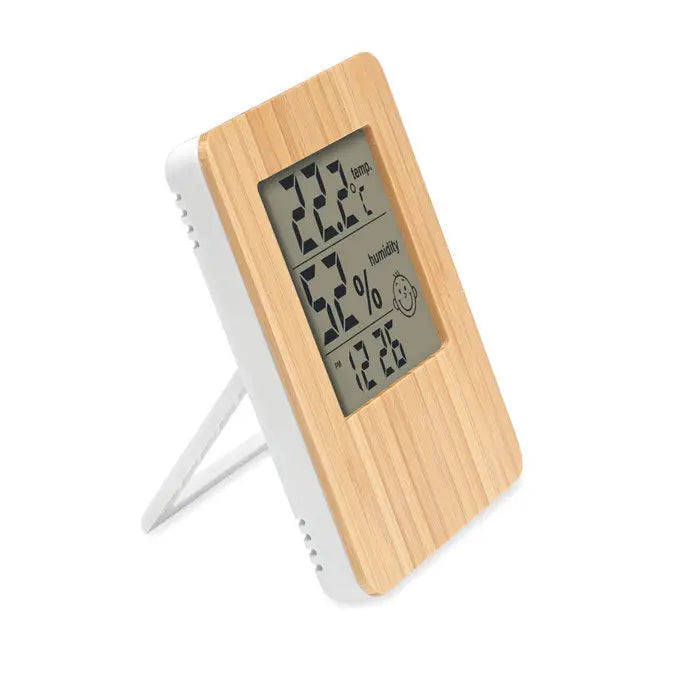 Statie meteo bamboo termometru digital si higrometru cu rama rectangulara aspect lemn de bambus si laterale din plastic alb