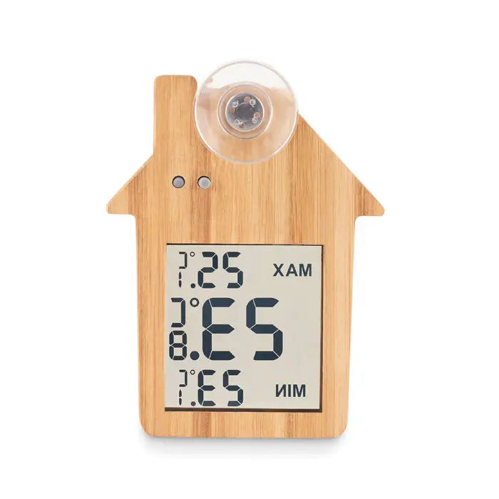 Termometru si higrometru digital in forma de casa din bambus cu ventuza transparenta statie meteo bamboo