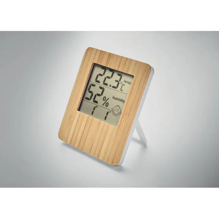 Statie meteo Bamboo termometru si higrometru digital dreptunghiular cu rama din lemn de bambus si suport alb
