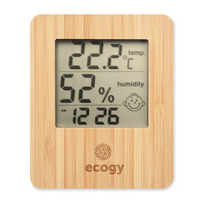 Statie meteo bamboo cu rama din bambus dispozitiv digital care afiseaza temperatura umiditatea ora si o fata zambitoare