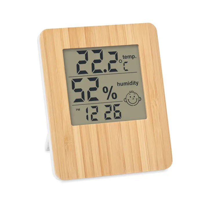 Statie meteo bamboo termometru si higrometru digital cu rama din bambus deschis si ecran gri afiseaza temperatura umiditatea si ora