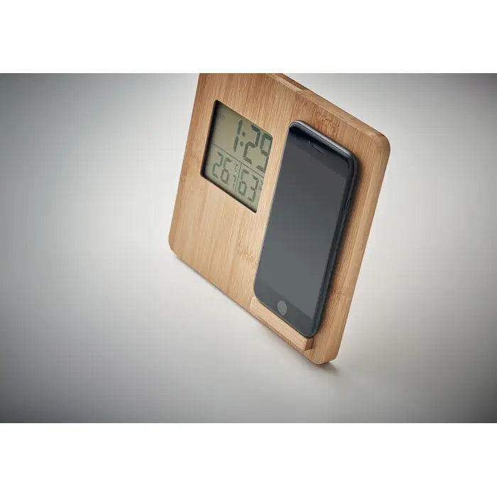 Ceas digital din lemn de bambus statie meteo bambus 10W cu slot pentru incarcare telefon