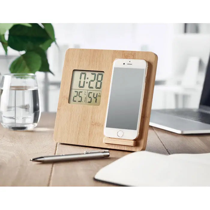 Ceas digital cu rama din bambus statie meteo bambus 10w cu suport integrat pentru telefon afiseaza ora si temperatura