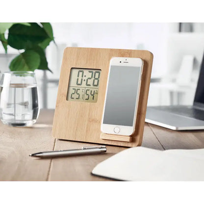 Ceas digital cu rama din bambus statie meteo bambus 10w cu suport integrat pentru telefon afiseaza ora si temperatura