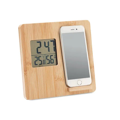 Statie meteo bambus 10w ceas digital din bambus cu suport pentru telefon afisand ora si temperatura