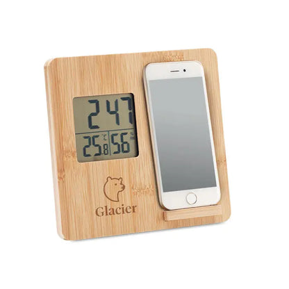 Statie meteo bambus 10w cu termometru si higrometru digital maro deschis din bambus minimalista cu logo urs si brand glacier