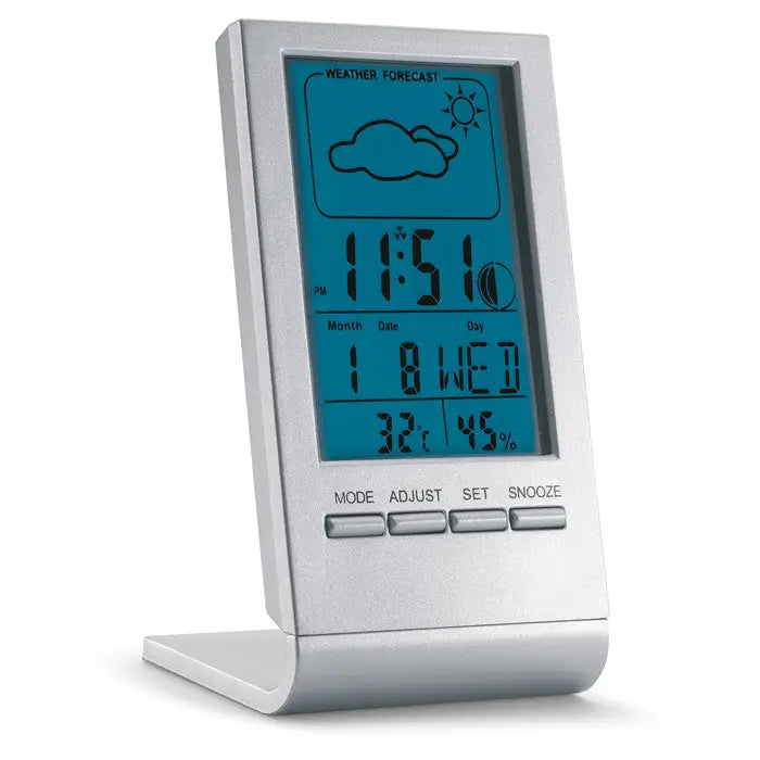 Statie meteo cu lcd albastru argintie afiseaza ora data temperatura umiditatea si prognoza meteo digital