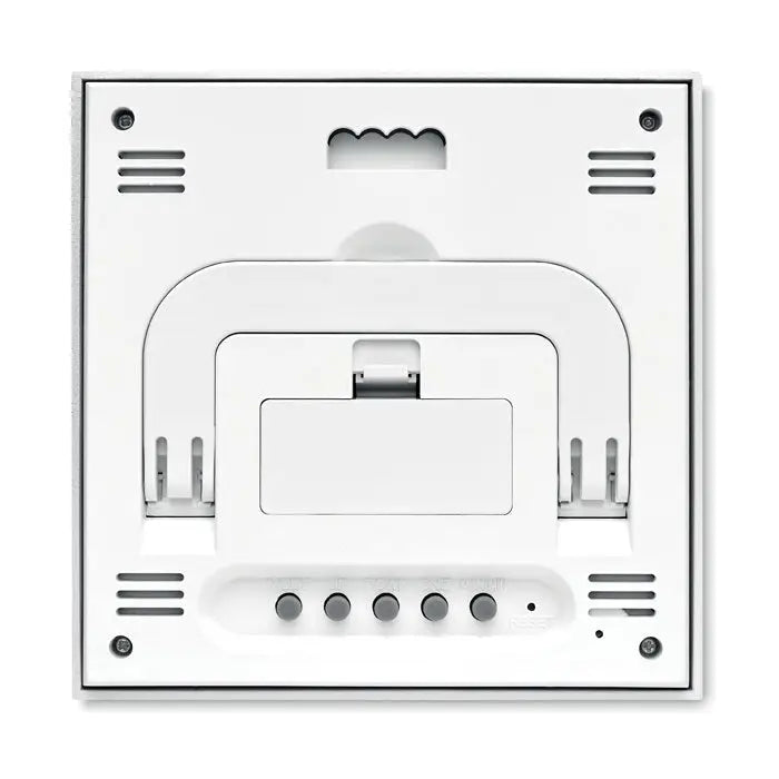 Statie meteo fata din bambus cu termostat alb dreptunghiular montat pe perete cu design minimalist si accente gri